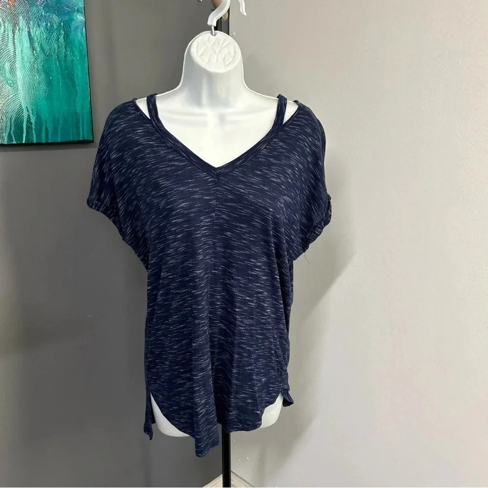 Women’s XS V-Neck‎ T Shirt Heathered Blue Pullover V Neck Stretch Balletcore